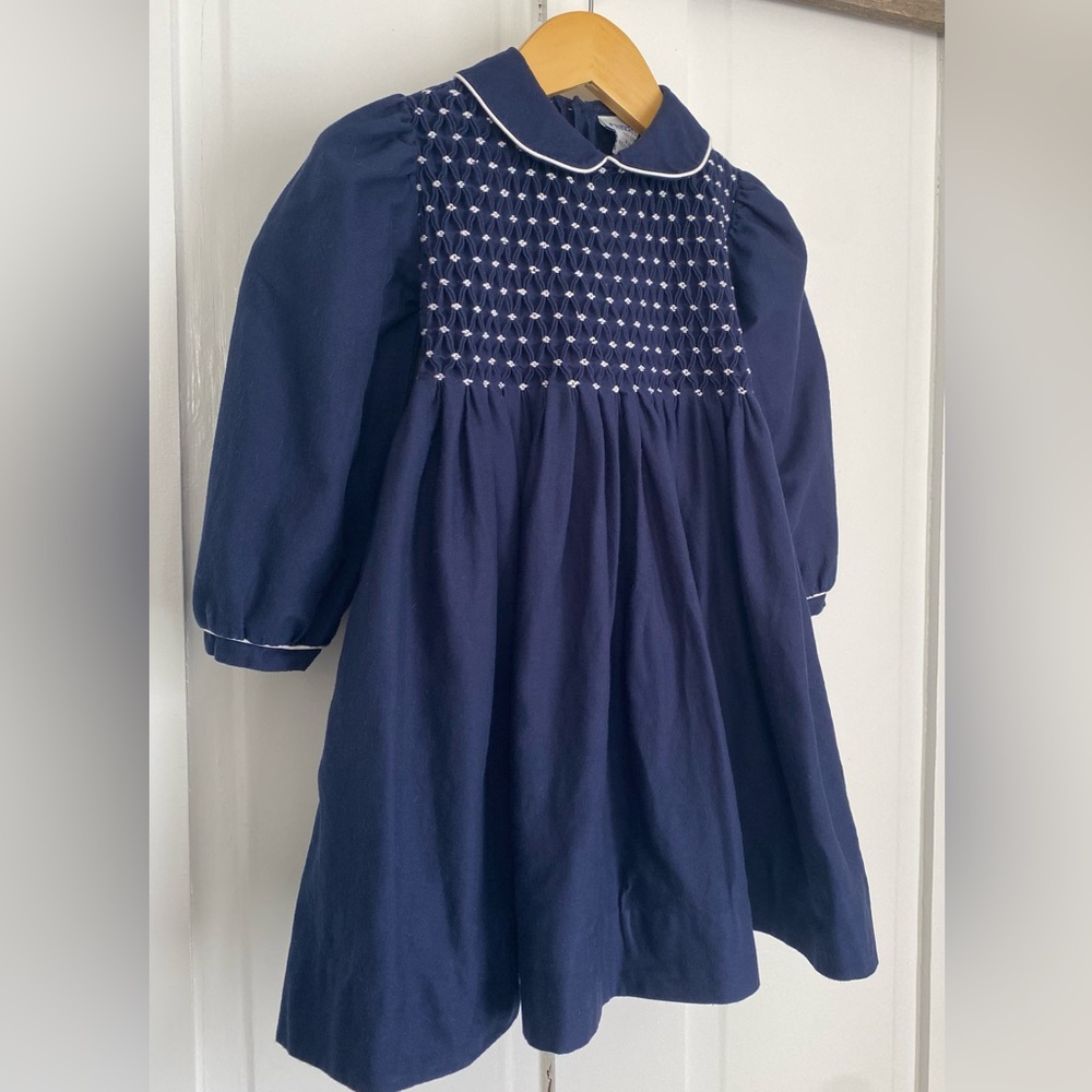 Friedknit Creations Navy Smocked Bishop Dress 2T Heirloom Cotton